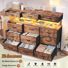 Tech-Enhanced Modern Dresser With Charging Hub & Ambient LED Lighting And 12 Customizable Fabric Drawers With 10MM Protective Acrylic Surface,Rustic Brown - View 9