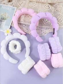 Bộ 3 băng đô và dây đeo cổ tay bằng sợi nhỏ sang trọng - 1 băng đô rửa mặt, 2 băng đô rửa mặt, băng đô trang điểm, băng đô chăm sóc da, băng đô xốp nhung mềm, băng đô spa, dây đeo cổ tay, mềm mại và thoải mái, một bộ phụ kiện tóc dành cho nữ để rửa mặt, trang điểm, tắm và chăm sóc da - Nhiều màu - Xem 2