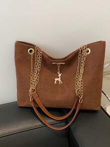 1个涤纶鹿图案装饰大容量拉链单肩手提包，适合女性日常使用，可用于购物、收纳钱包、购物、年轻女性、大学生、新婚夫妇、白领等。非常适合办公室、学校、工作、商务、通勤、户外活动、旅行和郊游。 - 咖啡棕 - 查看 9