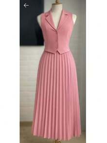 L178/573 Women's Set Vest + Pleated Skirt In Simple Tailoring Casual Fabric Button Set Beach Night Wedding Holiday All - Hồng nhạt - Xem 3