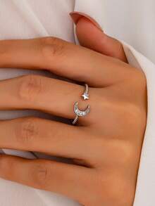 1 Pc Minimalist Zirconia Star Moon Ring For Women Pave Crystal Bling Bling Shining Rings Jewelry , Adjustable Free Size Ring