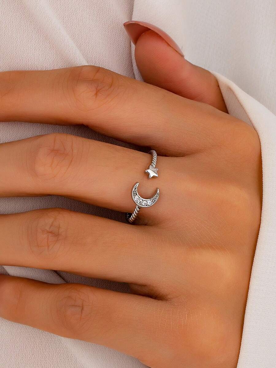 1 Pc Minimalist Zirconia Star Moon Ring For Women Pave Crystal Bling Bling Shining Rings Jewelry , Adjustable Free Size Ring