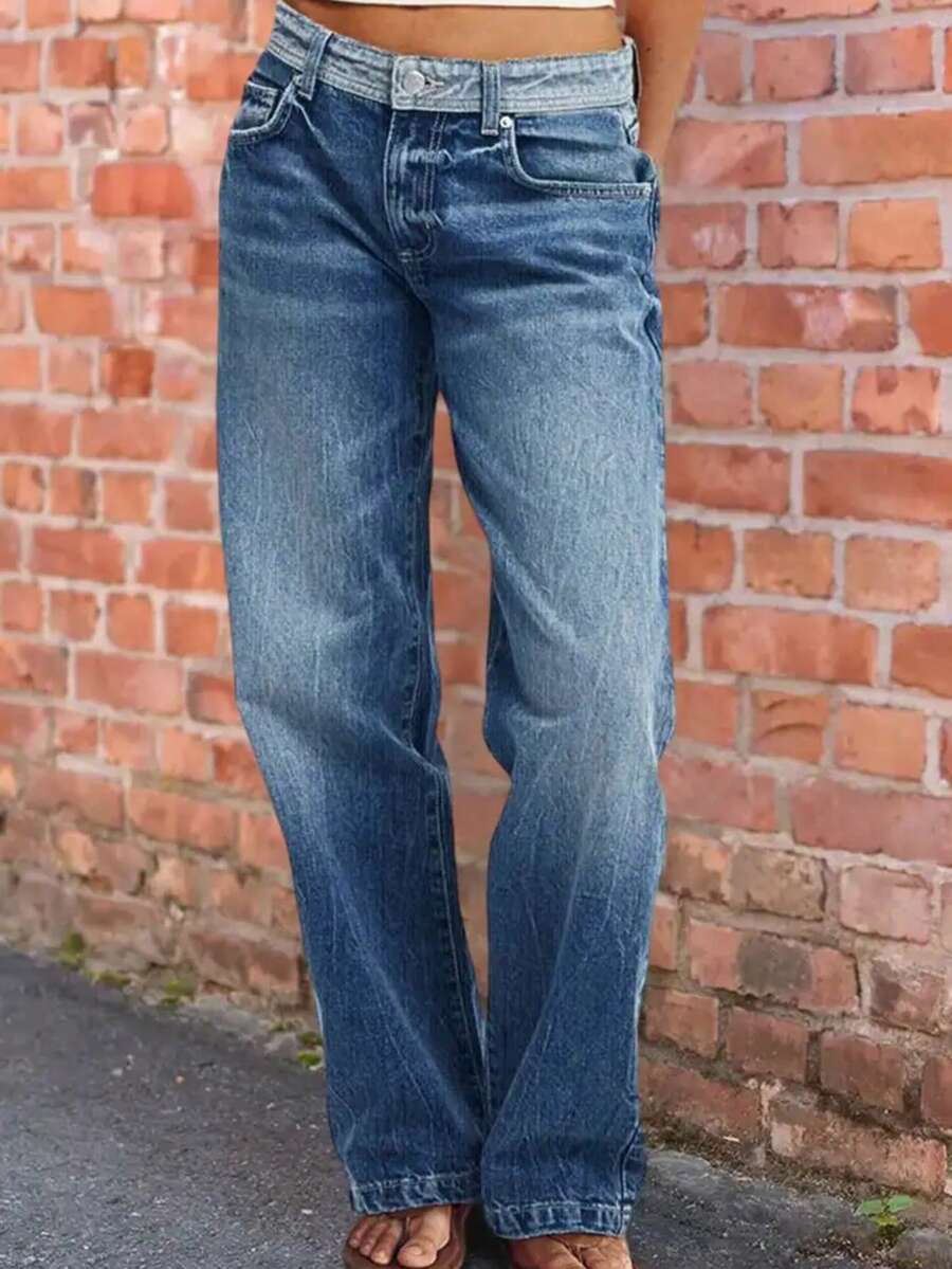 European And American Solid-Color Women's Casual And Fashionable, Loose Wide-Leg Pants, Versatile, Slightly Elastic And Comfortable, Straight-Cut Mid-Waist, Slimming And Taller, Denim Nine-Inch Pants - 藍色 - 查看 1