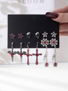 Set de 6 pares de aretes con diseños góticos de murciélago, calavera, estrella, girasol, cruz, hacha, calavera, luna y copo de nieve, de moda y versátiles - Multicolor-d - Ver 16