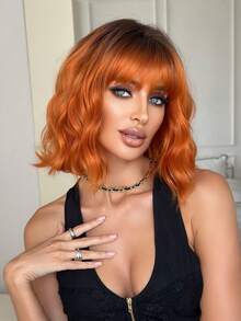 NICKY WALL 12Inch Short Wave Orange Wigs For Women,Elegant Wavy Curly Bob Wigs With Full Bangs,High Density Fluffy Synthetic Heat Resistant Fiber Hair Wig For Daily Party Wear, Halloween Cosplay Wigs - Cam bẩn - Xem 10