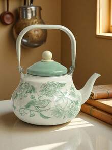 1 set Tetera esmaltada, con fondo blanco y diseño de mariposa y flor, campana antigua, que se puede calentar directamente durante todo el año para hervir agua, teteras, cafeteras, teteras para tostar té alrededor de una estufa y el té de la tarde, y ollas de regalo para dar a familiares y amigos en festivales y cumpleaños
