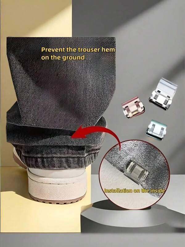 12个装隐形裤夹，可缩短裤腿，防止裤腿拖地。隐形纽扣开合，无缝设计，防止裤腿拖地。适用于牛仔裤和长裤。
