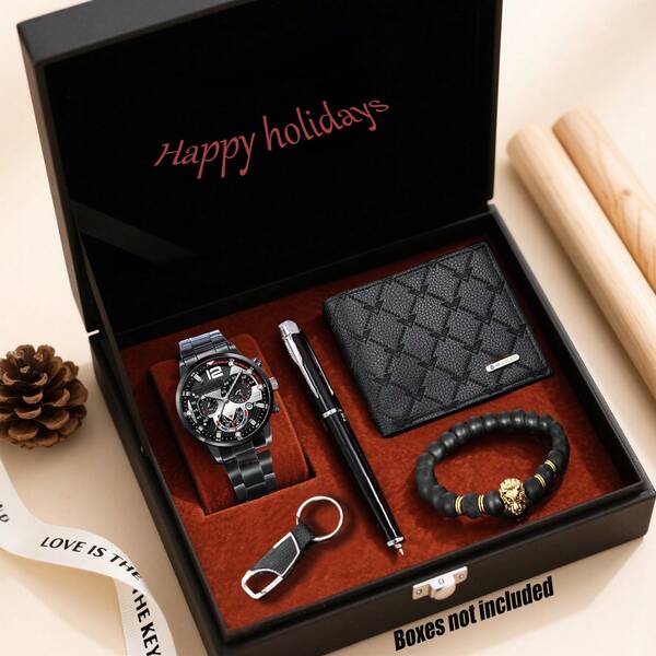 5pcs Stylish Black & Gold Men's Watch Set: Wristwatch, Lion Bracelet, Pen, Wallet, Keychain - Showcases Fashionable Charm, Great Christmas, Valentine's Day, Birthday Gift For Him