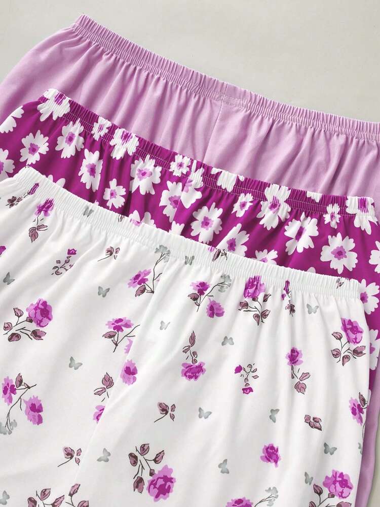 3 piezas Pantalones y shorts casuales de mujer 7/8, con estampado de margaritas, rosa y unicolor, cintura elástica, pantalones de pijama holgados - Morado - Añade 4