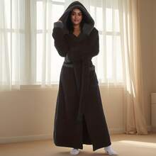 New Autumn/Winter Hooded Robe, Unisex Casual Loose Warm Fleece Bathrobe, Sleepwear, Soft Plush Long Sleeve Robe For Lounging