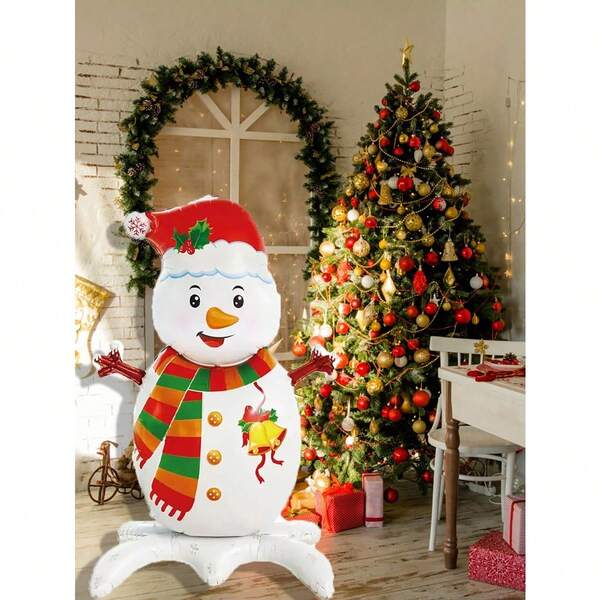 Snowman Aluminum Foil Balloon, Equipped With Snowman And Christmas Scarf, Inflatable Holder, Suitable For Christmas Party Decoration And Yard Door Decoration Supplies, Christmas Decoration, Christmas Scene Decoration Supplies,