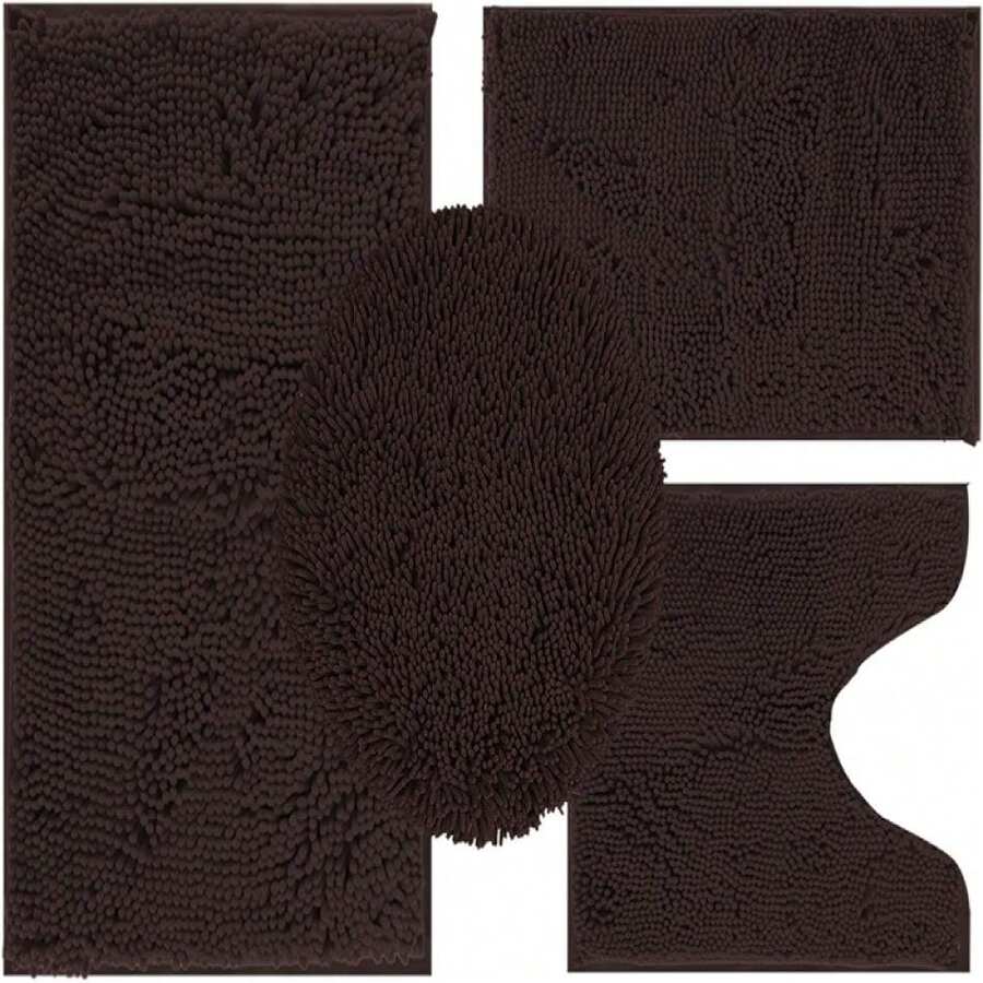 Chenille Bath Rug Set 4 Piece With Toilet Lid Cover And Rug Set Combo, Soft Shaggy Bath Rug Set 3 Piece And U-Shaped Toilet Floor Rug Coffee,18821275 - 巧克力棕 - 查看 1