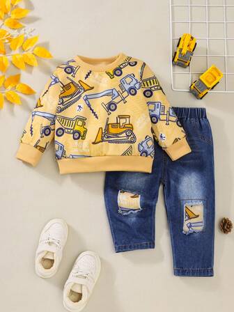 2pcs Baby Boy Construction Vehicle Print Long Sleeve Sweatshirt T-Shirt & Ripped Jeans Outfit, Spring & Fall