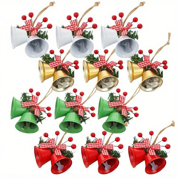 1/3pcs Christmas Bell Decorations With Red & White Plaid Bow And Green Plant, Metal Bell Pendant, DIY Accessories For Christmas Tree, Wreath, Door Hanging, Indoor/Outdoor Decor, Holiday Home Decor For Tree, Mantel, Tabletop