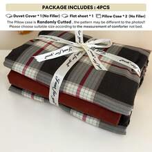 4 件套 Maillard 羽绒被套套装,砖红色和黑色格子,双层雪纺,涤纶,(1 个羽绒被套 + 1 个床单 + 2 个枕套),适合秋冬季,卧室装饰,节日礼物,不包括枕芯,枕套图案随机裁剪 - 黑紅 - 查看 5