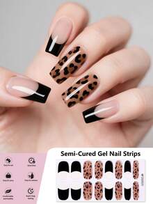 16 Spitzen halb-gehärtete Gel Nagel Wraps (Mehrfarbig) Retro personalisierter Leoparden-Muster einfache französische schwarze Kante Nail Art Aufkleber, selbstklebende Full-Wrap Nail Art, muss mit UV-Lampe verwendet werden, einfach anzuwenden und zu entfernen, geeignet für Frauen und Mädchen für tägliches Einkaufen, Party, DIY Nail Art Verwendung