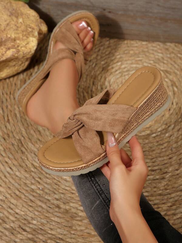 Women's Solid Color Criss-Cross Strap Platform Soft Beach Vacation Wedge Comfortable Slip-On Sandals, Colorblock Sole, Simple Casual Cooling Summer Shoes