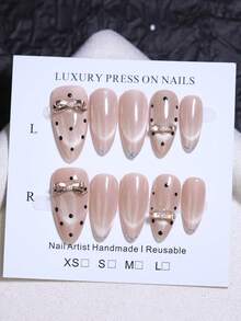 10 Stück mandelförmige, elegante, glänzende khakifarbene Katzenaugen-Handgefertigte Aufklebe-Nägel mit Punkten & Schleifen, süß und wunderschön im koreanischen & japanischen Stil, Nagelkunstdesign, wiederverwendbare Fake-Nägel, DIY-Nagelpflege für alle Jahreszeiten - Khaki - Übersicht 13