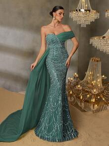 Faeriesty Đầm dạ hội lệch vai thanh lịch, thiết kế xếp ly bất đối xứng, chân váy đuôi cá tinh tế, phù hợp cho các dịp trang trọng như đám cưới. - Màu xanh lá cây đậm - Xem 3