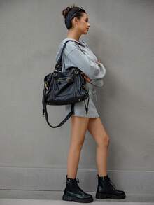 DareSee 2025 时尚女包，Y2K 复古摩托车包，柔软皮革大容量手提包，废土风格托特包，女士单肩/斜挎包，超柔软面料，波西米亚风女包，2000 年代时尚女包，复古女包，音乐节礼物 - 黑色 - 查看 8