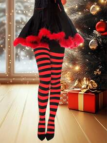 1 Stück Weihnachts-gestreifte Strumpfhose für Frauen, Rot/Weiß, Schwarz/Rot, Slim Fit Strumpfhose für Party, Cosplay, Herbst/Winter, gemütlich