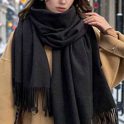 1条女士流苏羊绒围巾，加厚保暖披肩，纯色，70*200厘米柔软披肩，多功能保暖围巾/披肩，二合一，厚实保暖，秋冬季百搭颈部围巾，适合室内外使用，冬季送给女友或母亲的绝佳礼物