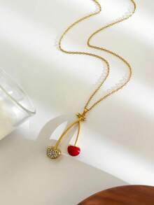 Monlansher New Fashionable Women's Stainless Steel Pendant Necklace, Minimalist Design With Mushroom & Cherry Elements, Versatile Casual Wear - Gold - View 12