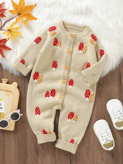 Cartoon Mushroom Jacquard Knit Baby Romper, Round Neck Long Sleeve Jumpsuit, Versatile Daily Wear