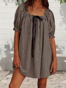 Women Plaid Summer Dress Loose Bow Square Neck Puff Sleeve Short Dress For Daily Travel - màu đen - Xem 2