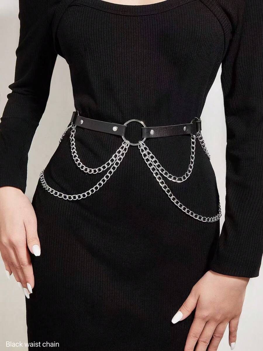 1pc Black Double-Layer Chain Decor Belt, Suitable For Dresses, Daily, Party, Vacation Wear