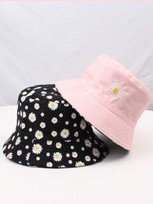 1pc Reversible Daisy Embroidered Travel Cap, Suitable For Everyday Wear - Black - View 5