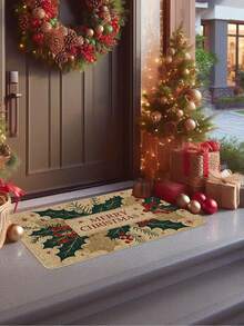 1pc Christmas Pinecone & Leaf Linen Rubber Decorative Doormat, Non-Slip Outdoor Entrance Mat, Christmas Candy Cane Doormat, Indoor Outdoor Non-Slip Floor Entrance Carpet, Winter Holiday Snowflake Home Kitchen Decor, Christmas Gift, Burlap Rug, Christmas Decoration, Outdoor Doormat, Shoe Scraper Mat, Foot Mat, Entrance Carpet, Small Rug, Machine Washable (Multiple Sizes Available)