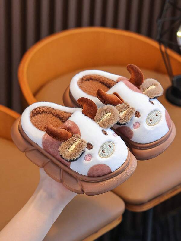 1 Pair Kids Cow Pattern Slippers, Warm And Anti-Slip Indoor Home Slippers For Boys And Girls, Suitable For Autumn/Winter