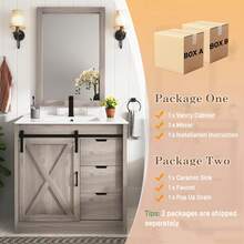 24/36/47 Inch Bathroom Vanity With Sink & Faucet & Mirror, Farmhouse Bathroom Vanity Cabinet Set With Sliding Barn Door & Drawers, Small Single Bath Storage Vanity Sink - 灰色 - 查看 9