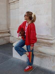 女士条纹长袖开衫，休闲宽松纽扣针织衫，适合女士沙滩装、派对上衣、节日装、度假服、秋冬季穿着。 - 紅色 - 查看 5