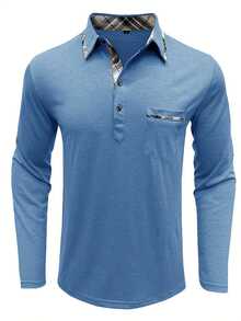 秋季大码男士长袖翻领口袋 Polo 衫 - 淺藍色 - 查看 3