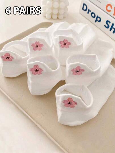 6 Pairs Teens/Youth Simple Embroidered Heel Sakura Flower Short Socks