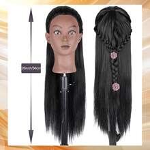 Đầu ma-nơ-canh 26 inch bằng sợi tổng hợp, đầu tập tạo kiểu tóc dài cho búp bê làm đẹp, đầu ma-nơ-canh thực hành kèm giá đỡ kẹp - màu đen - Xem 4