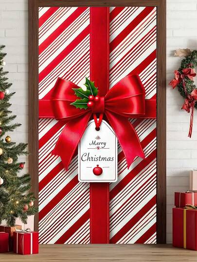 1pc Christmas Door Banner, Gift Box & Bow Design, 35.4inX70.8in, Durable Polyester Material, Christmas Decoration, Christmas Party Decor, Outdoor & Indoor, Ideal For Porch, Yard, Garage And Home