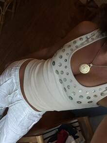 Women's Y2K Sequin Beaded Tank Top U Neck Sleeveless Backless Sparkly Crop Tops Summer Going Out Clubwear - 杏色 - 查看 2