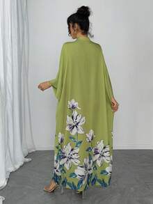 1pc Women's Loose Fit Arabic Abaya Dress, Green Placement Print, Stand Collar, Single-Breasted, Raglan Sleeve, Casual Long Dress, Elegant Arabic Robe, Luxury Holiday Evening Gown - Mint Green - View 3