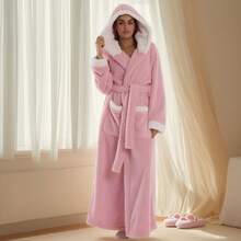 New Autumn/Winter Hooded Robe, Unisex Casual Loose Warm Fleece Bathrobe, Sleepwear, Soft Plush Long Sleeve Robe For Lounging