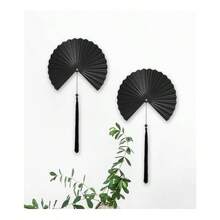 Wall Fan Decor Minimalist Black Wall Art Living Room, Decorative Metal Wall Decor Fan With Tassels Bedroom Above Bed TV, Modern Black Metal Wall Art Fan Set Of 2 - ban đầu - Xem 2