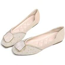 SAILING LU Square Toe Flats Shoes Rhinestoned Bowknots Ballet Flats For Women Studded Dress Shoes Comfort Light Weight LoafersChristmas - L-米色 - 查看 4