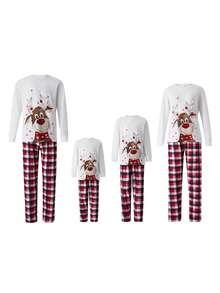 Christmas Family Pajama Set, Reindeer Pattern Top + Long Stretch Pants Loungewear Set, Suitable For A Family Of Three, Christmas Loungewear Set, Parent-Child Set. - 白色 - 查看 5