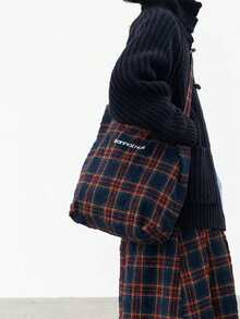 Campus 羊毛格纹单肩托特包，大容量通勤帆布包，适合大学生 - 彩色 - 查看 3