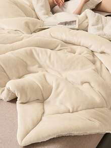 1件奶油白色亲肤柔软舒适牛奶绒羊羔绒缝制毛毯，适用于卧室和客厅 - 奶油白 - 查看 10