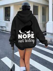 招财猫字母图案休闲大码女式连帽拉链卫衣 - 黑色 - 查看 9