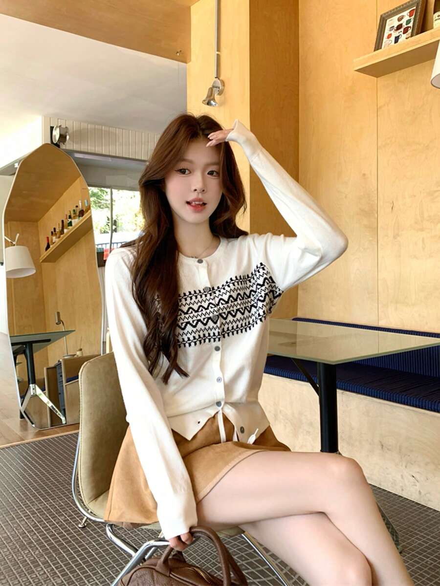 Áo khoác cardigan dệt kim Jacquard phong cách Hàn Quốc mới mùa thu, áo khoác nhẹ đa năng rộng rãi - Màu be - Xem 1