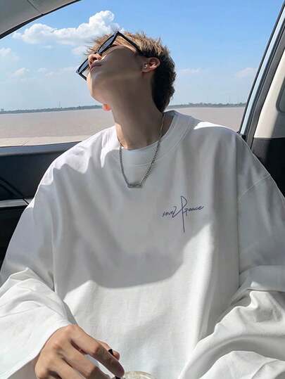 国内出荷｜春・秋のメンズ重ポンドコットンゆったりカジュアルアルファベットプリント長袖Tシャツ